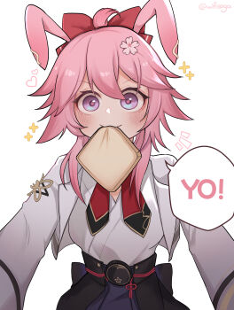 1girl absurdres animal_ears black_skirt bow bowtie bread bread_slice commentary english_commentary evanescia_(honkai:_star_rail) flower food food_in_mouth fox_ears fox_girl hair_bow hair_flaps hair_flower hair_ornament highres honkai:_star_rail honkai_(series) jacket long_sleeves looking_at_viewer notice_lines open_clothes open_jacket pink_hair purple_eyes red_bow red_bowtie shirt shirt_tucked_in sidelocks simple_background skirt smile solo speech_bubble twitter_username white_background white_jacket white_shirt wifi_saga