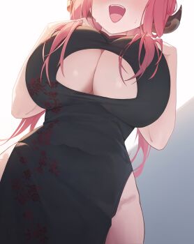 1girl absurdres alt_text alternate_costume aru_(blue_archive) bare_hips black_dress blue_archive blush breasts brown_horns china_dress chinese_clothes cleavage clothing_cutout commentary_request covered_navel cowboy_shot dress floral_print hair_over_shoulder hands_on_own_chest head_out_of_frame highres horns huge_breasts jw_(wrdawrda) korean_commentary long_hair low_horns open_mouth pelvic_curtain pink_hair side_slit solo sweat underboob_cutout