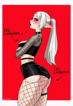 1girl absurdres alternate_costume anger_vein black_shorts choker crossed_arms elf english_text evil_container_(meme) fishnet_pantyhose fishnets frieren from_side green_eyes highres long_hair meme nomza_za pantyhose pointy_ears short_shorts shorts solo sousou_no_frieren spiked_choker spikes white_hair