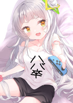 1girl :d absurdres alternate_costume black_shorts blunt_bangs casual clothes_writing collarbone commentary_request cowboy_shot hair_bun hair_ornament hexagram_hair_ornament highres hololive joy-con long_hair murasaki_shion off_shoulder open_mouth sakutuki sharing shirt short_eyebrows shorts side_bun silver_hair single_bare_shoulder single_side_bun sitting smile solo t-shirt translation_request very_long_hair virtual_youtuber white_shirt yellow_eyes