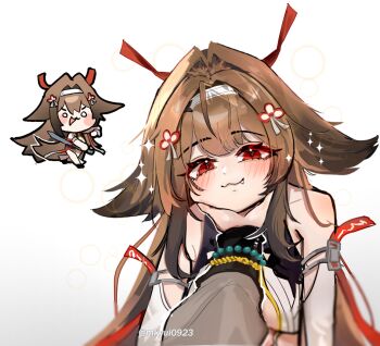 1boy 1girl :3 armlet bare_shoulders blush bracelet breasts brown_hair brown_tail chibi china_dress chinese_clothes closed_mouth clover clover_hair_ornament collarbone commentary_request dress droopy_ears fang hair_ornament hairband hand_on_another&#039;s_chin head_rest hetero holding holding_sword holding_weapon jewelry long_hair looking_at_viewer medium_breasts official_alternate_costume red_eyes see-through_clothes shitsu_(kurikaesi) silver_armlet sparkle sword tail twitter_username weapon white_background white_dress white_hairband wise_(soaring_crane)_(zenless_zone_zero) wise_(zenless_zone_zero) ye_shunguang zenless_zone_zero