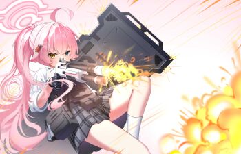 1girl absurdres ahoge ammunition ballistic_shield beretta_1301 black_gloves blue_archive blue_eyes bulletproof_vest casing_ejection covered_mouth explosion fingerless_gloves firing gloves gradient_background grey_skirt gun halo heterochromia highres holding holding_gun holding_weapon hoshino_(armed)_(blue_archive) hoshino_(blue_archive) knee_up kneehighs long_hair lq470878013969 official_alternate_costume official_alternate_hairstyle pink_background pink_hair pink_halo plaid_clothes plaid_skirt pleated_skirt ponytail pouch rifle school_uniform shell_casing shield shirt shotgun_shell skirt sleeves_rolled_up socks solo tactical_school_uniform very_long_hair vest weapon white_background white_shirt white_socks yellow_eyes