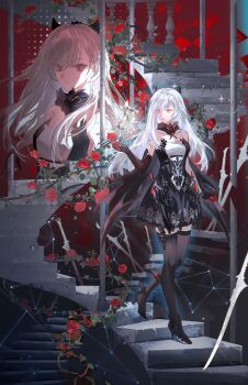 1girl absurdres asymmetrical_gloves berenica_(duet_night_abyss) black_dress black_gloves black_horns black_shoes black_thighhighs breasts chinese_commentary commentary_request dress duet_night_abyss elbow_gloves flower gloves hand_up high_heels highres horns keru233 long_hair medium_breasts multiple_views red_flower red_rose rose shoes single_elbow_glove small_horns stairs thighhighs thighs uneven_gloves white_hair