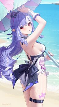 1girl arm_up bare_shoulders braid breasts casual_one-piece_swimsuit from_side half_up_braid highres holding holding_umbrella long_hair looking_at_viewer looking_to_the_side medium_breasts mole mole_under_eye multicolored_hair nail_polish ocean official_alternate_costume one-piece_swimsuit outdoors parasol parted_lips pointy_ears purple_hair purple_nails red_eyes revision satomi_(745684552) sideboob sidelocks signature solo streaked_hair swimsuit thigh_strap thighs umbrella very_long_hair vivian_banshee vivian_banshee_(iris_of_the_shore) wet white_one-piece_swimsuit zenless_zone_zero