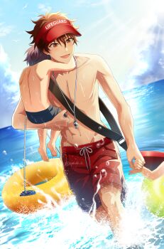 Rule 34 | 3boys, absurdres, beach, blue male swimwear, brown eyes, brown hair, carrying, ensemble stars!, highres, innertube, kindo, lifeguard, male focus, male swimwear, morisawa chiaki, multiple boys, navel, ocean, open mouth, red male swimwear, short hair, smile, stomach, swim ring, topless male, visor cap