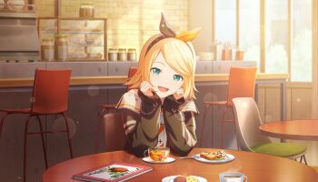 1girl :d aqua_eyes bare_shoulders black_bow black_hairband black_jacket blonde_hair blueberry blurry bokeh book bow bow_hairband bread bread_slice cafeteria chain chair cherry chocolate coffee colorful_palette cookie cream cross cross_print cup depth_of_field dot_nose fingernails flipped_hair food fork fruit game_cg hairband half-closed_eyes highres indoors jacket kagamine_rin looking_at_viewer menu mug nail_polish off-shoulder_jacket off_shoulder official_art open_mouth orange_(fruit) plate project_sekai saucer shinnen_kotohogu_inori_no_mai_(project_sekai) sitting smile solo swept_bangs table tea teacup third-party_source toast two-tone_bow vivid_bad_squad_rin vocaloid yellow_bow yellow_nails