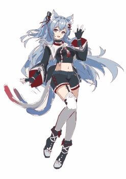 1girl :d animal_ear_fluff animal_ears animated animated_gif ankle_boots black_boots black_gloves black_hair black_shorts blue_tail boots breasts cat_ears cat_tail crop_top cropped_shirt fingerless_gloves full_body garter_straps genshin_impact gloves hair_ribbon hand_up hello_kiki high_collar long_hair long_sleeves looking_at_viewer making-of medium_breasts midriff multiple_tails navel open_mouth original purple_eyes red_ribbon ribbon short_shorts shorts smile solo standing standing_on_one_leg stomach tail tassel thighhighs two_tails very_long_hair waving white_background white_thighhighs wide_sleeves