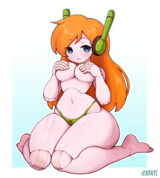 1girl :o android barefoot blonde_hair blue_background blue_eyes blue_outline blush border breasts colored_skin covering_breasts covering_nipples covering_privates curly_brace doukutsu_monogatari dyonite full_body gradient_background green_panties hands_up highleg highleg_panties joints light_blush long_hair looking_at_viewer navel no_nose no_pants no_sclera outline outside_border panties parted_lips robot_ears robot_girl robot_joints signature sitting solo thighs topless_female underwear wariza white_border white_skin