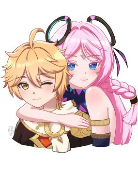 Rule 34 | 1boy, 1girl, absurdres, aether (genshin impact), ahoge, bare shoulders, blonde hair, blue eyes, blush, braid, citlali (genshin impact), commentary request, ejpytr, facial tattoo, genshin impact, hetero, highres, long hair, one eye closed, pink hair, smile, tattoo, twin braids