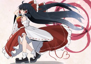 1girl absurdly_long_hair absurdres alternate_hair_length alternate_hairstyle ascot black_hair black_shoes bow chest_sarashi closed_eyes closed_mouth commentary_request detached_sleeves frilled_bow frilled_hair_tubes frilled_skirt frills full_body hair_bow hair_tubes hakurei_reimu highres long_hair red_bow red_skirt ribbon-trimmed_sleeves ribbon_trim sarashi shoes skirt skirt_set smile socks solo tooya0130 touhou very_long_hair walking white_socks yellow_ascot