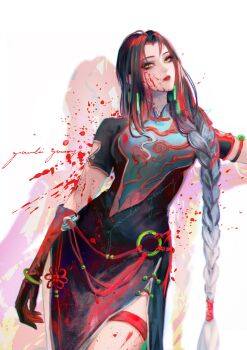 1girl absurdres angell_(path_to_nowhere) armlet artist_name black_dress black_gloves black_hair blood blood_on_face blood_splatter braid braided_ponytail breasts chinese_commentary commentary_request cowboy_shot dress elbow_gloves eyelashes garlic_gummy gloves highres jewelry leaning_to_the_side long_braid long_hair looking_at_viewer medium_breasts multicolored_hair parted_bangs parted_lips path_to_nowhere pelvic_curtain red_hair red_lips short_sleeves side_slit solo standing two-tone_hair very_long_hair yellow_eyes