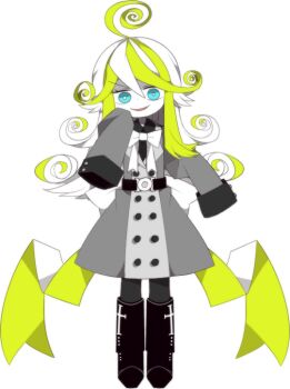 Rule 34 | 1girl, ahoge, belt, black necktie, blue eyes, boots, bow, bowtie, bright pupils, buckle, buttons, coat, collared shirt, cross, cross print, curly hair, double-breasted, elux (funamusea), full body, funamusea, funamusea (artist), green hair, grey coat, long sleeves, looking at viewer, multicolored hair, necktie, official art, ribbon, shirt, simple background, sleeves past fingers, sleeves past wrists, smile, solo, standing, streaked hair, two-tone hair, white background, white bow, white hair, white pupils, wide sleeves