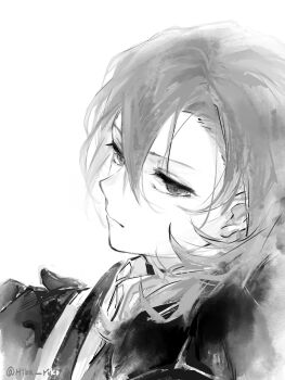 1boy absurdres bungou_stray_dogs closed_mouth commentary_request greyscale hair_between_eyes hiba_riko highres looking_at_viewer male_focus monochrome nakahara_chuuya_(bungou_stray_dogs) short_hair simple_background solo twitter_username white_background