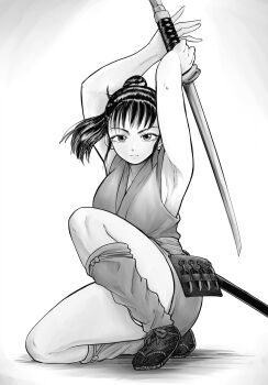 1girl azumi_(azumi) azumi_(series) closed_mouth expressionless full_body gradient_background grey_background greyscale highres holding holding_sword holding_weapon japanese_clothes katana kimono kinugosiko kneeling kunai leg_warmers long_hair looking_at_viewer monochrome ninja ponytail sheath sleeveless sleeveless_kimono solo sword tabi waraji weapon white_background