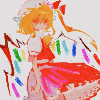 1girl ascot asymmetrical_hair blonde_hair bow closed_mouth cowboy_shot crystal dot_mouth dot_nose flandre_scarlet frilled_skirt frills from_side hair_between_eyes hat hat_bow highres looking_at_viewer mob_cap no_lineart noise one_side_up puffy_short_sleeves puffy_sleeves red_bow red_skirt red_vest ribbon-trimmed_headwear ribbon-trimmed_sleeves ribbon_trim short_hair short_sleeves simple_background skirt sobamushi_mo solo standing touhou vest white_background white_hat wings yellow_ascot yellow_eyes
