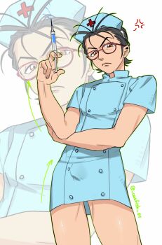 Rule 34 | 1boy, alternate costume, anger vein, arrow (symbol), black hair, brown eyes, bulge, catfish05, closed mouth, commentary, crossdressing, crossdressing (mtf), frown, glasses, green outline, hat, highres, holding, holding syringe, looking at viewer, male focus, nanjou kei, nurse, nurse cap, outline, persona, persona 1, red-framed eyewear, short hair, short sleeves, simple background, solo, standing, symbol-only commentary, syringe, white background, zoom layer