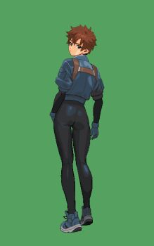 1girl absurdres ass black_bodysuit bodysuit brown_eyes brown_hair commentary cropped_jacket earrings full_body gloves green_background grey_gloves grey_jacket highres jacket jewelry kei_sakuragi looking_at_viewer looking_back messy_hair picopico256 pixel_art shoes simple_background skin_tight sneakers solo the_scramble_vice