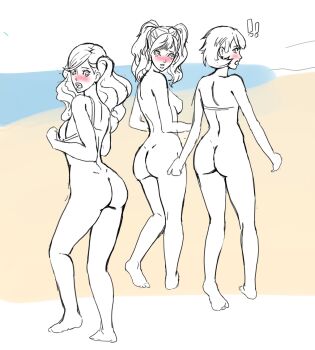 3girls ass beach bikini bikini_top_only blush bottomless breasts butt_crack dimples_of_venus embarrassed gluteal_fold highres kujikawa_rise long_hair looking_at_viewer looking_back medium_breasts multiple_girls nipples nude ocean persona persona_3 persona_4 persona_5 sand shin_megami_tensei short_hair sketch sunbeam_(artist) swimsuit takamaki_anne takeba_yukari twintails unfinished
