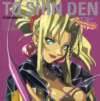 1990s_(style) 1girl blonde_hair breasts cleavage copyright_name earrings english_text female_focus green_eyes highres jacket jewelry kotobuki_tsukasa large_breasts laserdisc_cover leather lipstick logo long_hair makeup nail_polish official_art ponytail purple_background red_nails retro_artstyle simple_background sofia sofia_(toushinden) solo tamsoft toushinden whip