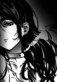 Rule 34 | 1girl, alien stage, choker, closed mouth, commentary, corrupted twitter file, earrings, greyscale, hashtag-only commentary, highres, jewelry, koaen0024, monochrome, severed hair, short hair, solo, sua (alien stage)