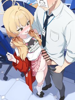 1boy 1girl absurdres ahoge bar_censor black_necktie blonde_hair blue_archive blush censored chair clothes_lift commentary_request doodle_sensei_(blue_archive) erection grabbing_another&#039;s_shoulder grey_pants hair_intakes hair_ribbon halo hand_on_another&#039;s_shoulder hetero highres id_card indoors jacket kneehighs lanyard loafers logo_print long_hair long_sleeves looking_at_penis low_twintails mary_janes monitor nakaoka_ramu navel necktie nose_blush office_chair official_alternate_costume official_alternate_hairstyle open_clothes open_jacket open_mouth paid_reward_available panties pants penis penis_to_navel pink_skirt pleated_skirt print_shirt red_jacket red_ribbon ribbon sensei_(blue_archive) shirt shoes skirt skirt_lift socks striped_clothes striped_panties swivel_chair twintails underwear v-shaped_eyebrows veins veiny_penis white_shirt white_socks yellow_halo yoshimi_(band)_(blue_archive) yoshimi_(blue_archive)