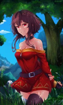 1girl absurdres arms_behind_back asymmetrical_legwear bandaged_leg bandages bare_shoulders belt belt_collar black_gloves black_hair black_thighhighs breasts cleavage collar collarbone cowboy_shot day dress fingerless_gloves gloves grass highres holding_own_wrist horizon kono_subarashii_sekai_ni_shukufuku_wo! long_sleeves looking_at_viewer medium_breasts megumin mismatched_legwear mountainous_horizon off-shoulder_dress off_shoulder outdoors red_dress red_eyes shigokin_(baller4jesus27) short_dress short_hair_with_long_locks signature single_thighhigh smile solo thighhighs tree zettai_ryouiki
