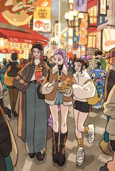 3girls abby_(kpop_demon_hunters) baby_(kpop_demon_hunters) black_boots black_hair black_hat boots braid braided_ponytail coat commentary derpy_(kpop_demon_hunters) double_bun earrings eating food gat_(hat) glasses hair_bun hand_in_pocket hat highres jacket jewelry jinu_(kpop_demon_hunters) kpop_demon_hunters looking_to_the_side mira_(kpop_demon_hunters) multiple_girls mystery_(kpop_demon_hunters) outdoors pants people pink_hair pink_hat purple_hair romance_(kpop_demon_hunters) rumi_(kpop_demon_hunters) shoes short_bangs shorts sidelocks smile sneakers socks sparkle sussie_(kpop_demon_hunters) takeuchi_ryousuke takoyaki tiger yellow_socks zoey_(kpop_demon_hunters)