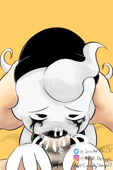 absurdres artist_name bendy_and_the_dark_revival bendy_and_the_ink_machine boots bowler_hat carley_(batdr) clothed_female_nude_male cum cum_bubble cum_in_mouth cum_in_nose cum_on_body cumdrip eye_contact facial fellatio ghost ghost_girl gloves grabbing_another&#039;s_hair hat hetero highres holding_another&#039;s_hair jerichocross97 lipstick lipstick_mark lipstick_mark_on_penis lipstick_smear looking_at_another looking_at_viewer looking_up makeup nude oral overalls penis_shadow pov runny_makeup saliva sitting sleeveless turtleneck