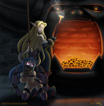 Rule 34 | 2girls, bdsm, blonde hair, blue hair, bondage, bound, branding, branding iron, chain, clothed female nude female, demon, demon girl, disgaea, femdom, gag, healer (disgaea), horns, indoors, kneeling, leaning forward, long hair, long pointy ears, multiple girls, nude, piercing, pointy ears, standing, demon girl, very long hair, wings