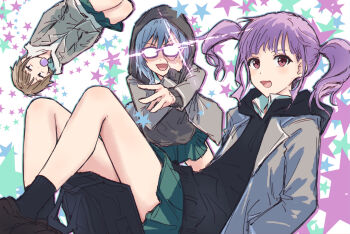 3girls asahi_rokka bag bang_dream! bang_dream!_girls_band_party! black_bag black_hoodie black_socks blazer blowing_bubble_gum blue_hair brown_hair chewing_gum collared_shirt commentary diffraction_spikes glasses green_skirt grey_jacket haneoka_school_uniform highres hood hood_up hoodie jacket jitome looking_at_viewer medium_hair miniskirt multiple_girls opaque_glasses open_clothes open_jacket pink_eyes pleated_skirt purple_hair school_bag school_uniform shaded_face shirt skirt socks star_(symbol) star_symbol_background toyama_asuka twintails udagawa_ako v-shaped_eyebrows white_shirt winter_uniform yukitake_(bullfalk)