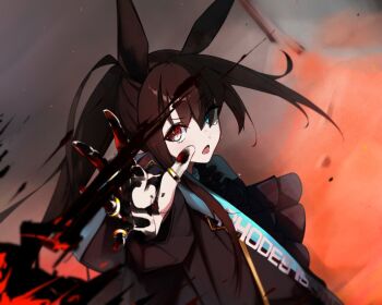 1girl amiya_(arknights) animal_ears arknights brown_hair green_eyes heterochromia karasuri long_hair looking_at_viewer magic open_mouth rabbit_ears rabbit_girl red_eyes solo upper_body
