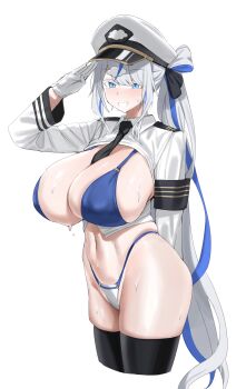 absurdres aokumo_rin armband bikini black_necktie black_thighhighs blue_eyes blue_streaks breasts cloud_hair_ornament colored_eyelashes commentary cropped_legs hair_ornament hat highleg highleg_bikini highres large_breasts long_hair military_hat multicolored_hair necktie plentyofempty salute simple_background skindentation smile solo stellive streaked_hair sweat swimsuit symbol-only_commentary thick_eyelashes thighhighs very_long_hair virtual_youtuber white_background white_eyelashes white_hair