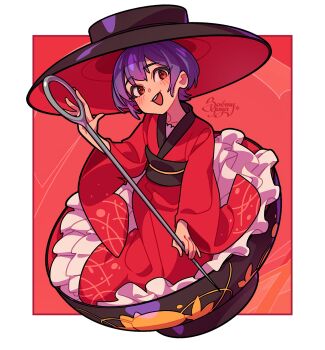 1girl :d artist_name black_sash blush border bowl bowl_hat color_wheel_challenge frills full_body hat highres holding holding_needle in_bowl in_container japanese_clothes kimono long_sleeves looking_at_viewer multiple_drawing_challenge needle obi open_mouth purple_hair red_background red_eyes red_kimono red_theme sash short_hair smile soemy solo sukuna_shinmyoumaru teeth touhou upper_teeth_only white_border