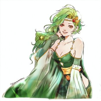 1girl bare_shoulders breasts circlet cleavage cowboy_shot detached_sleeves dress final_fantasy final_fantasy_iv gem green_dress green_eyes green_hair green_sleeves hand_in_own_hair layered_sleeves looking_at_viewer medium_breasts oyatsuredgray parted_lips red_gemstone rydia_(adult)_(ff4) rydia_(ff4) smile solo swept_bangs twintails white_background wide_sleeves