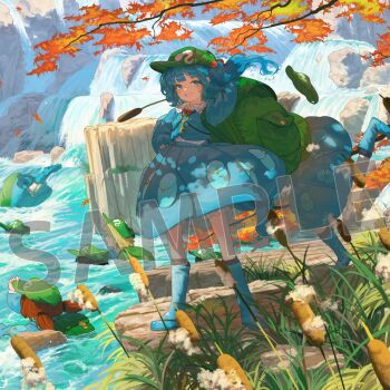 6+girls autumn_leaves backpack bag blue_boots blue_eyes blue_hair blue_skirt boots cattail commentary_request friend_characters green_bag green_hat grin hair_bobbles hair_ornament hand_on_own_hip hat jewelry kajatony kappa_mob_(touhou) kawashiro_nitori key key_necklace knee_boots leaf long_sleeves looking_at_viewer medium_hair multiple_girls necklace outdoors plant red_hair rubber_boots sample_watermark skirt smile solo_focus touhou two_side_up water waterfall watermark