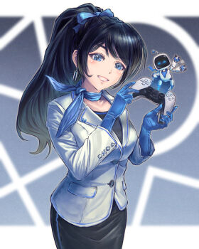 1girl astro_bot astro_bot_(series) black_hair blue_eyes blue_gloves breasts controller dualsense formal_clothes game_controller gloves highres large_breasts long_hair playstation_controller playstation_symbols ponytail robot suit tokiatm waving waving_arms