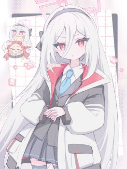 Rule 34 | > <, 2girls, anzen robo (474zz), black hairband, black jacket, black skirt, black thighhighs, blazer, blue archive, blue necktie, chibi, chibi inset, coat, collared shirt, commentary, cowboy shot, flower, frown, gradient background, grey background, grid background, hair between eyes, hairband, halo, headpat, jacket, kei (blue archive), kei (new body) (blue archive), long hair, long sleeves, looking at viewer, multiple girls, necktie, orange hair, parted bangs, pleated skirt, rectangular halo, red eyes, shirt, simple background, skirt, thighhighs, very long hair, white background, white coat, white hair, white shirt, yuzu (blue archive)