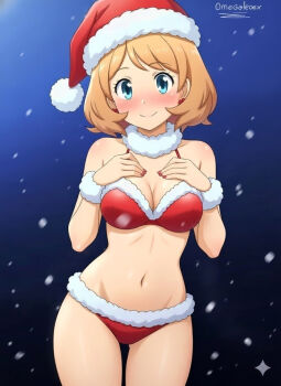 1girl alexkonakona alternate_costume bikini blonde_hair blue_eyes blush breasts cleavage closed_mouth collar commentary cowboy_shot earrings eyelashes fur_collar fur_wrist_cuffs hands_up hat jewelry nail_polish navel nintendo pokemon pokemon_(anime) pokemon_horizons red_bikini red_hat red_nails santa_hat serena_(pokemon) short_hair signature smile snowing solo swimsuit white_collar wrist_cuffs