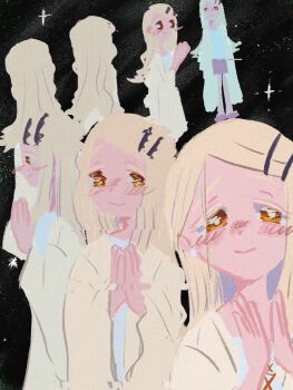 Rule 34 | 1girl, black background, blonde hair, blush, coat, colored eyelashes, commentary request, earrings, gakuen idolmaster, hair ornament, hairclip, highres, idolmaster, jewelry, konparu (konparunemunemu), long hair, long sleeves, looking at viewer, multiple views, orange eyes, own hands together, parallel hairclips, parted bangs, shinosawa hiro, shirt, smile, sparkle, white shirt, yellow coat