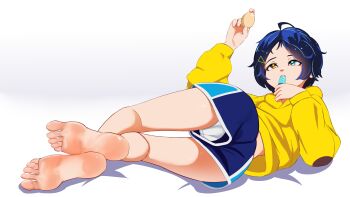 1girl barefoot blue_eyes blue_hair dark_blue_hair egg feet food food_in_mouth heterochromia highres loli loose_shorts lying medium_hair on_side ooto_ai panties pantyshot popsicle popsicle_in_mouth rancidronin short_shorts shorts soles toes underwear upshorts wonder_egg_priority