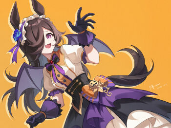 1girl animal_ears bat_wings black_gloves black_skirt blue_flower blue_rose bow brown_hair fangs flipped_hair flower frilled_hairband frills gloves hair_over_one_eye hairband halloween halloween_costume highres horse_ears horse_girl horse_tail lace lace-trimmed_gloves lace_trim long_hair looking_at_viewer official_alternate_costume open_mouth puffy_short_sleeves puffy_sleeves purple_eyes purple_wings rice_shower_(make_up_vampire!)_(umamusume) rice_shower_(umamusume) rose shirt short_sleeves simple_background sing_shuixing skirt smile solo tail umamusume white_shirt white_skirt wings yellow_background