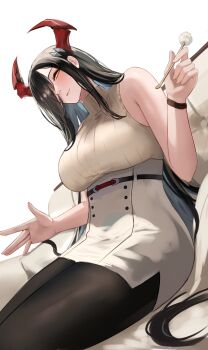 1girl absurdres armpit_crease azur_lane black_hair black_pantyhose blush breasts brown_sweater chiyu1182 dress friedrich_der_grosse_(azur_lane) hair_ornament hair_over_one_eye highres holding horns lap_pillow_invitation large_breasts long_hair looking_at_viewer mature_female mimikaki miniskirt official_alternate_costume pantyhose pencil_skirt ribbed_sweater simple_background sitting skirt sleeveless sleeveless_turtleneck solo sweater thighs turtleneck very_long_hair white_background white_dress white_skirt yellow_eyes