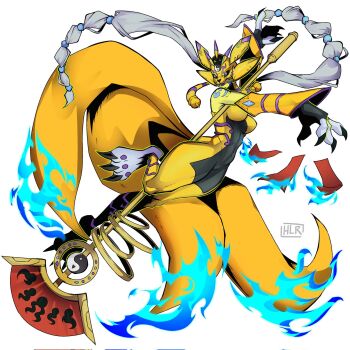 1girl armor blue_eyes blue_fire digimon digimon_(creature) fire hlrart looking_at_viewer mask oridigi original renamon yin_yang