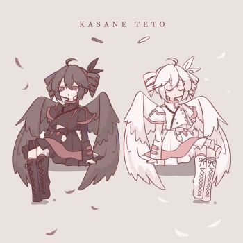 1girl ahoge alternate_color black_boots black_bow black_hair black_jacket black_skirt black_wings boots bow buttons character_name closed_eyes closed_mouth drill_hair feathered_wings full_body hair_between_eyes hair_bow highres jacket kasane_teto kasane_teto_(sv) lace-up_boots long_sleeves looking_at_viewer ramie_li red_eyes simple_background sitting skirt synthesizer_v twin_drills white_boots white_hair white_jacket white_skirt white_wings wings