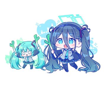 0_0 2girls :d aqua_hair aqua_necktie aris_(blue_archive) arm_at_side bare_shoulders black_hair black_hairband black_skirt black_sleeves black_thighhighs blue_archive blue_eyes blush chibi chibi_only collared_shirt commentary_request cosplay detached_sleeves full_body grey_shirt hairband hands_up hatsune_miku hatsune_miku_(cosplay) highres holding kaoling korean_commentary long_hair miniskirt multiple_girls necktie open_mouth pleated_skirt shirt simple_background skirt sleeveless sleeveless_shirt smile spring_onion standing thighhighs twintails vocaloid white_background wide_sleeves