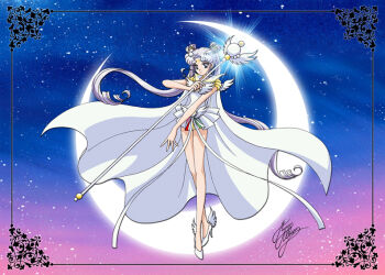 1girl anime_coloring bare_legs bishoujo_senshi_sailor_moon bishoujo_senshi_sailor_moon_stars brooch cape choker crescent_moon double_bun dress drill_hair female_focus framed full_body gradient_background hair_bun hair_ornament hairclip heart_hair_bun high_heels jewelry long_hair marco_albiero miniskirt moon official_style parted_bangs sailor_cosmos shoes short_dress signature skirt solo staff twintails very_long_hair white_choker white_dress white_hair wing_brooch winged_footwear wings