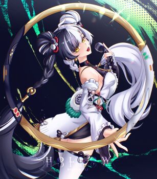 1girl artist_name bare_shoulders black_hair braid breasts commentary detached_sleeves dialyn_(zenless_zone_zero) dress english_commentary from_side hand_up highres holding holding_phone hollow_mimikyu long_hair long_sleeves looking_at_viewer looking_to_the_side medium_breasts multicolored_hair open_mouth phone sleeveless sleeveless_dress solo thighhighs twin_braids upper_body very_long_hair white_dress white_hair white_sleeves white_thighhighs yellow_eyes zenless_zone_zero