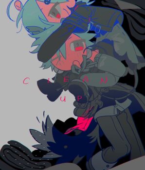 1boy 1girl blue_hair blush carrying commentary fang grey_pants hair_ornament jacket long_sleeves mk1liaoqian open_mouth original pants red_eyes short_hair smile symbol-only_commentary tail