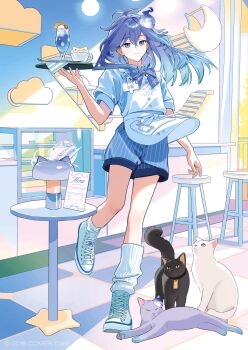 1boy :3 alternate_costume animalization antenna_hair apron aqua_shoes arm_at_side bell black_cat blue_hair blue_shirt blue_shorts bow bowtie breast_pocket cafe cat cat_cafe cat_tower ceiling_light checkered_floor closed_mouth copyright_notice counter earrings food full_body hair_between_eyes hand_up high_tops highres hitodama holding holding_tray holostars ice_cream ice_cream_float id_card indoors jewelry jingle_bell keki_chogyegi latte_art long_hair looking_at_viewer male_focus menu minase_rio multicolored_hair neck_bell official_art pen person_and_animalization peter_pan_collar pocket print_apron purple_bow purple_bowtie purple_cat purple_eyes purple_hair shirt shoes short_sleeves shorts single_earring smile sneakers socks solo spoon standing standing_on_one_leg stool streaked_hair striped_clothes striped_shorts table tray utsugi_uyu vertical-striped_clothes vertical-striped_shorts virtual_youtuber waiter white_apron white_cat white_socks yatogami_fuma