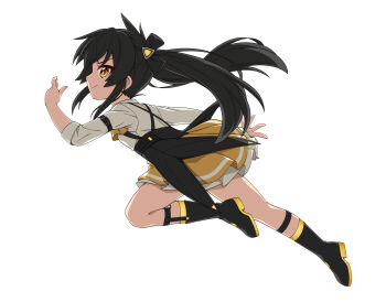 1girl absurdres black_hair boots full_body fuu_(koneko_no_yomeiri) highres idolmaster idolmaster_cinderella_girls long_hair looking_at_viewer matoba_risa running sideways_glance skirt smile solo twintails yellow_eyes